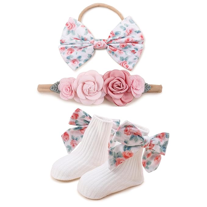 cherrboll Baby Girl Headbands and Socks Set, 3Pcs Soft Floral Hairbands Hair Bows Knit Socks for Newborn Infants Toddlers Photography Props Gifts