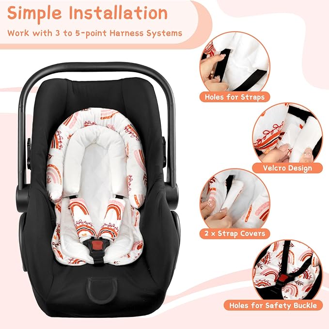 Baby Car Seat Head Body Support & Strap Covers, 2 in 1 Infant Car Seat Insert, Reversible Soft Breathable Newborn Cushion Pads for Preemie, Perfect for Baby Carseats, Strollers, Swings (Rainbow)