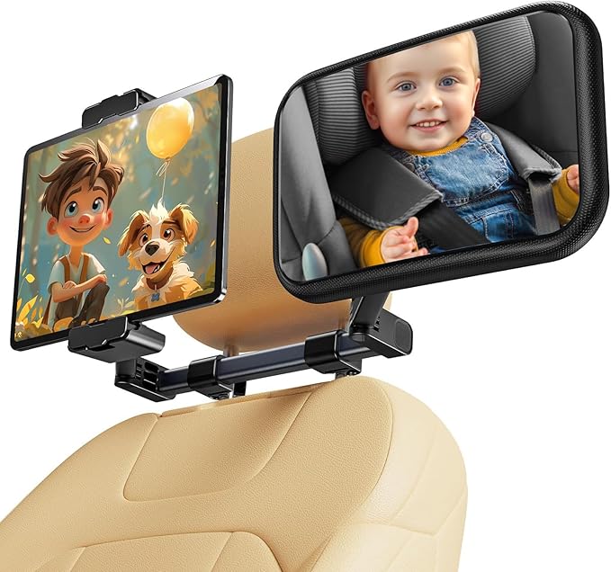 Baby Car Mirror for Baby Rear Facing - Infant Back Seat Mirrors With Holder and Hooks for Fixed Headrest Safety Large Wide Adjustable Auto Rearview, 2 In 1