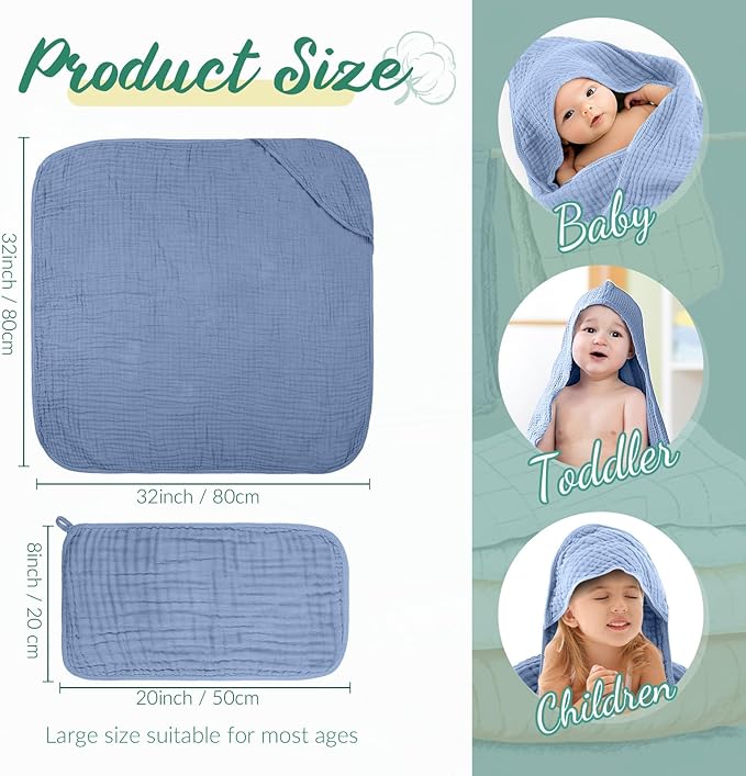 VitalCozy 8 Pcs Baby Muslin Hooded Bath Towels and Washcloths Muslin Cotton Hooded Baby Towels Absorbent Blankets for Gift Newborn Infant Shower (32 x 32 Inch,Mist Colors)