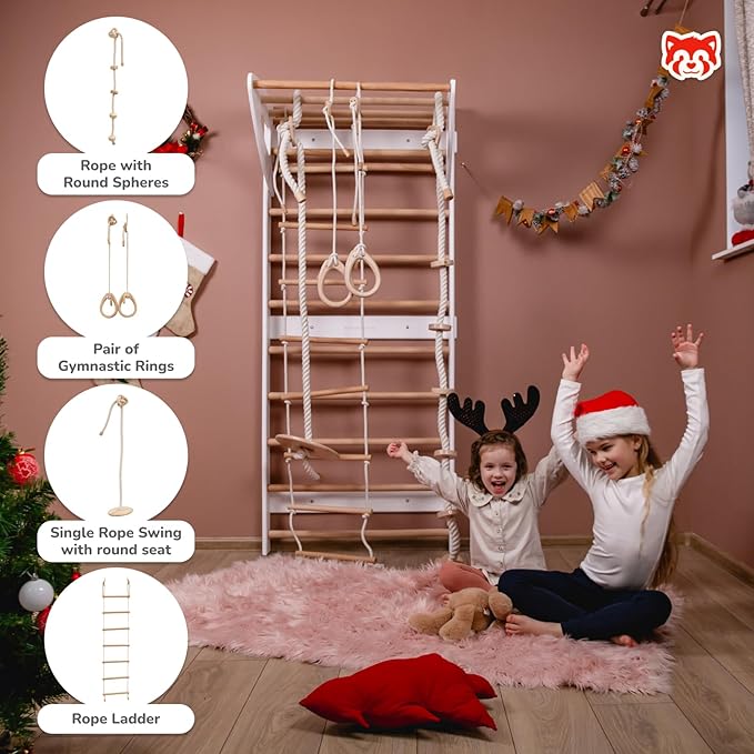 Wood And Hearts Swedish Ladder for Kids with Rope Accessories - Indoor Jungle Gym, Indoor Jungle Gym for Kids Ages 3-16, Indoor Climbing Gym (Swedish Ladder of 2 Parts (White))