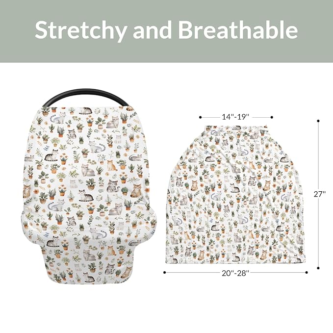 Watercolor Cats Tropical Houseplants Car Seat Cover for Babies Boho Neutral Kittens Stretchy 5-in-1 Cover Adjustable Car Canopy Breastfeeding Cover Cat Lover Gift Breathable Nursing Cover-Up