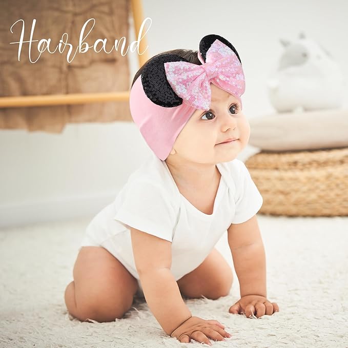 choicbaby Baby Girl Headbands Mouse Ears Headwrap with Sequin Polka Dot Bow Soft Stretchy Nylon Hair Bands for Newborn Infant Baby Toddler Girls- Pack of 4