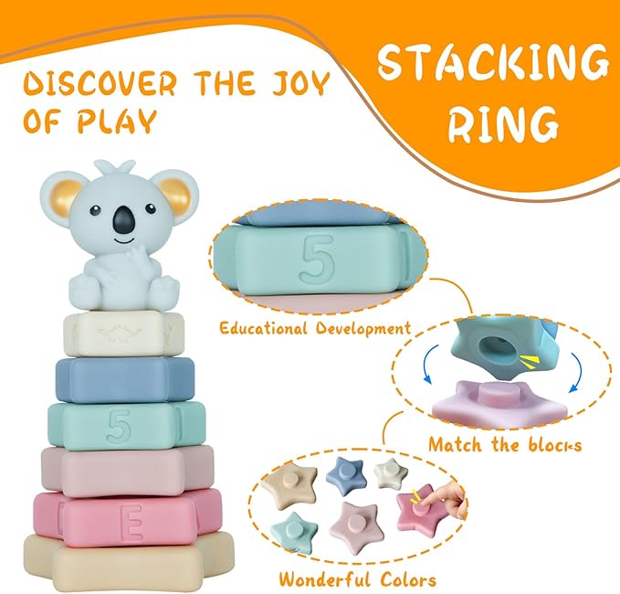 Montessori Baby Sensory Toys for 6 to 18 Months, 6-in-1 Travel Set with Silicone Pull String Activity, Koala Stacking Rings and Shape Sorter, Fine Motor Learning Gifts for 1 Year Olds