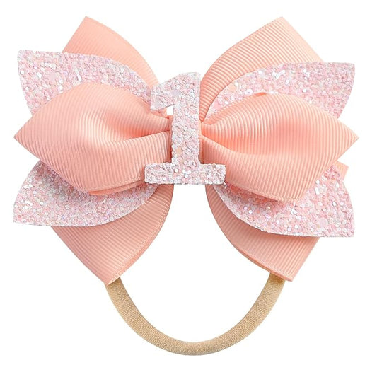 Glitter Birthday Hair Bow for Baby Girls 1 2 3 4 5 6 Years Peach Party Decoration Hair Accessories Headband for First 1st One Birthday