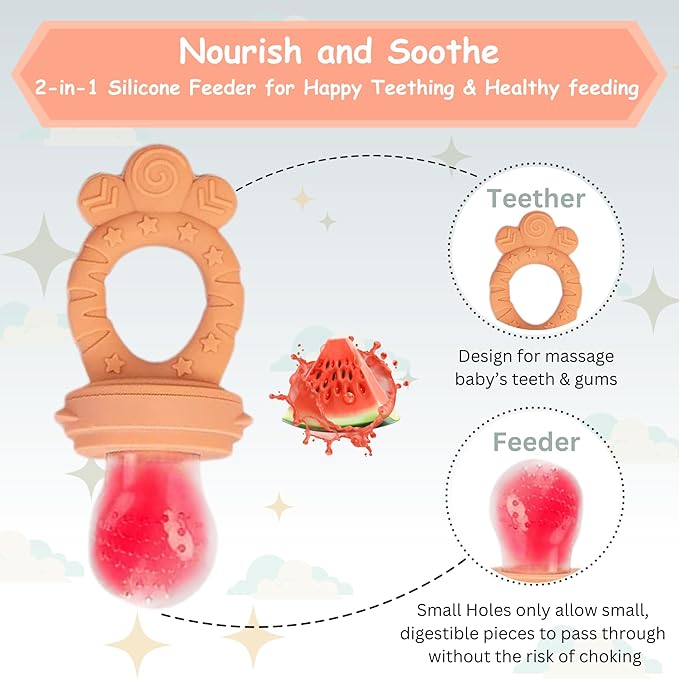 Baby Fruit Feeder Set – BPA-Free Silicone Fresh Food Feeder with 3 Replacement Teats, Teething Feeder for Fruits & Purees, Safe Self-Feeding for Babies 4+ Months