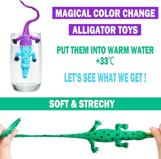 Color Changing No Hole Bath Toys for Toddlers Kids, Color Change Alligator Toy Reptile Animal Toys (12 Pack), 6'' Stretchy Rubber Animals Crocodile Toy Water Table Toys Reptile Party Favors