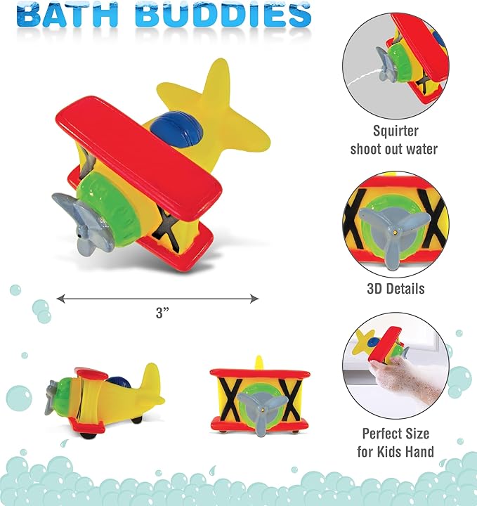 DolliBu Biplane Squirter Bath Toy - Floating Rubber Airplane Baby Toy, Cute Airplane Toys for Kids, Fun Toddler Bath Squirt Toys for Pool, Bathtub, or Beach