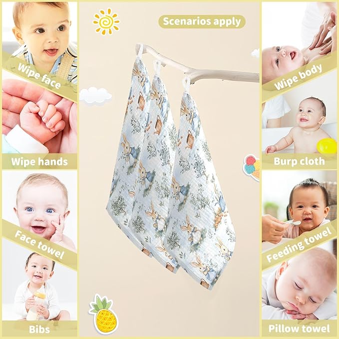 vvfelixl Peter Bunny Friend Baby Burp Cloths Baby Muslin Washcloths for Boys Girls Cotton Babys Face Towel for Newborn Soft 11.8 X 11.8 in, 5 Pack