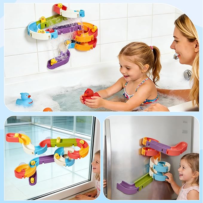 Bath Toys Toddlers（37PCS） Duck Slide Bath Toy Track with 3 Rotating Suction Cups Toys,Bath Toys for Kids Ages 4-8 , DIY Bathtub Time Birthday Gifts for Toddler Kids 3+ Years Old