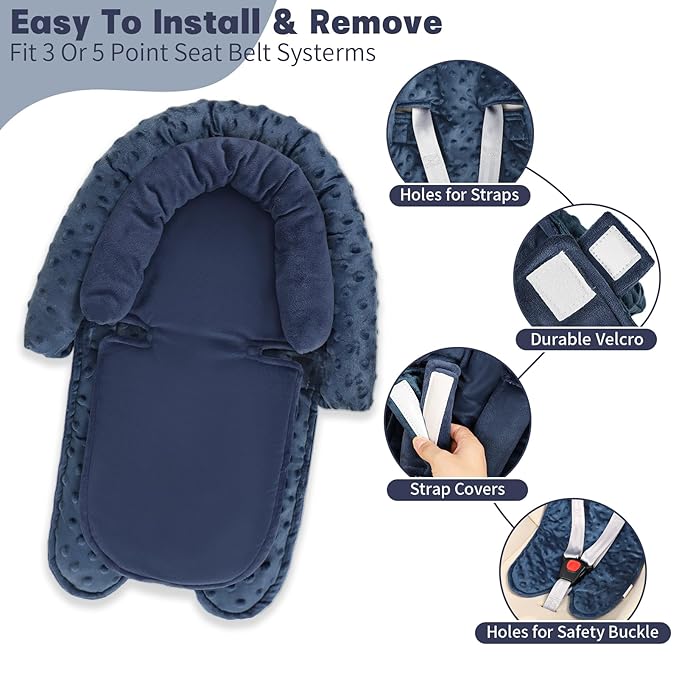 Infant Car Seat Insert, Baby Car Seat Head & Body Support with Straps Pads, Soft Newborn Preemie Carseat Insert Cushion for Girls Boys, Fits Car Seat, Stroller, Swing, Bouncer, Dark Blue