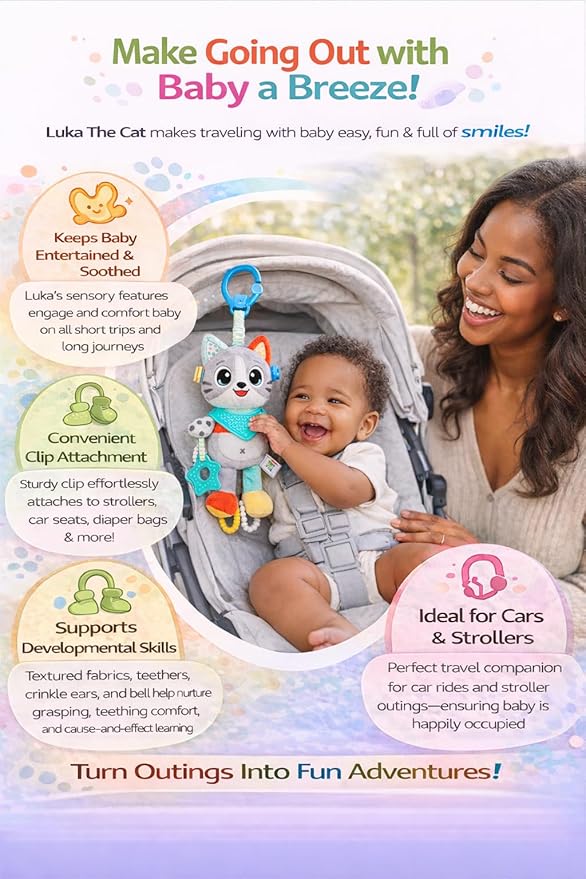 Balibazoo Luka The Cat Hanging Baby Toy – Soft Plush Sensory Toy with 4 BPA-Free Silicone Teethers, Crinkle Ears & Hidden Bell | Clip for Stroller, Car Seat, and Carrier | Developmental Toy 0-24M