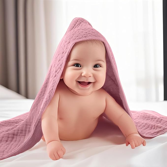 VitalCozy 12 Pcs Baby Muslin Hooded Bath Towels and Washcloths, Muslin Hooded Baby Towels Absorbent Blankets for Gift Newborn Infant Shower (Vibrant Colors)