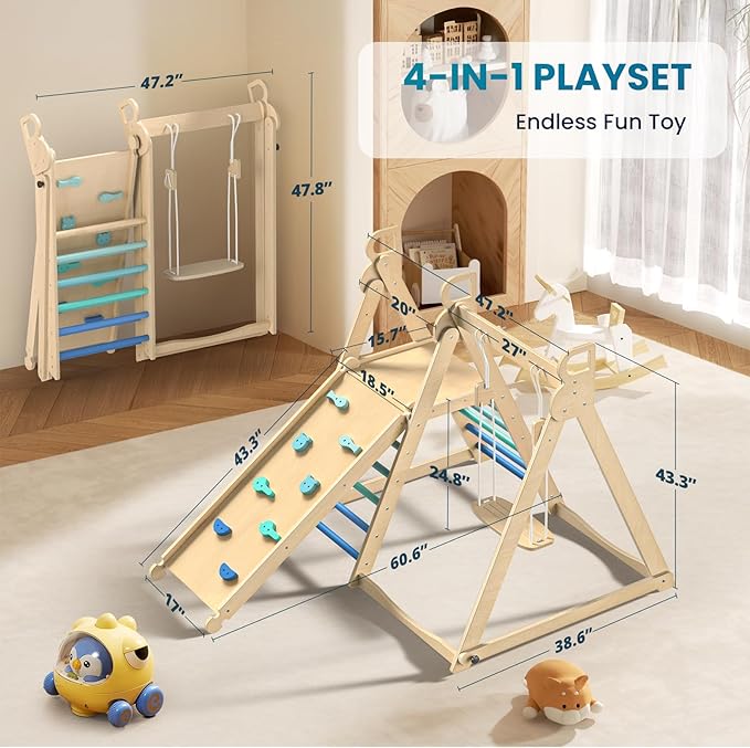 BlueWood 4 in 1 Indoor Jungle Gym, Foldable Wooden Climbing Set with Swing, Slide, Ladder and Climbing Wall