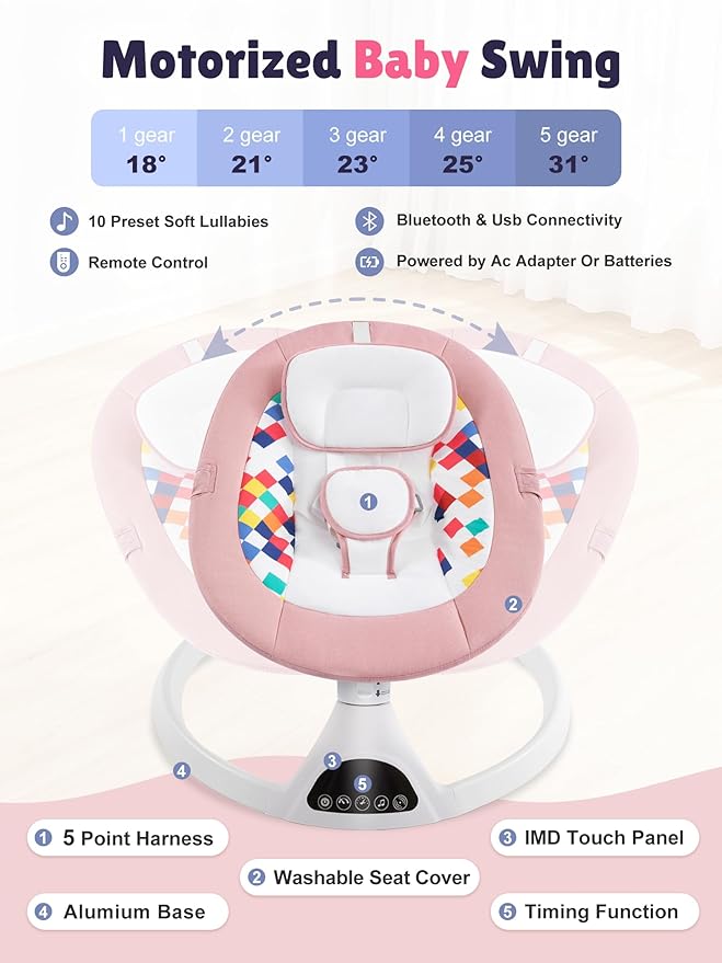 Baby Swing for Infants - Electric Portable Bluetooth Baby Rocker with 5 Speeds, 5-Point Harness, Remote Control, Timing & Music Speaker Max 20 Lbs (Pink)