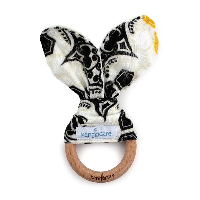 Kanga Care Baby Soft Muslin Sensory Crinkle Bunny Ear Wood Teething Ring - Unity Bees
