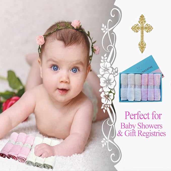 elves Bamboo Viscose Washcloth Baby Set of 6 - Ultra Soft Wash Cloths for Face and Body - Small Face Towel for Baby Girl (White&Pink)