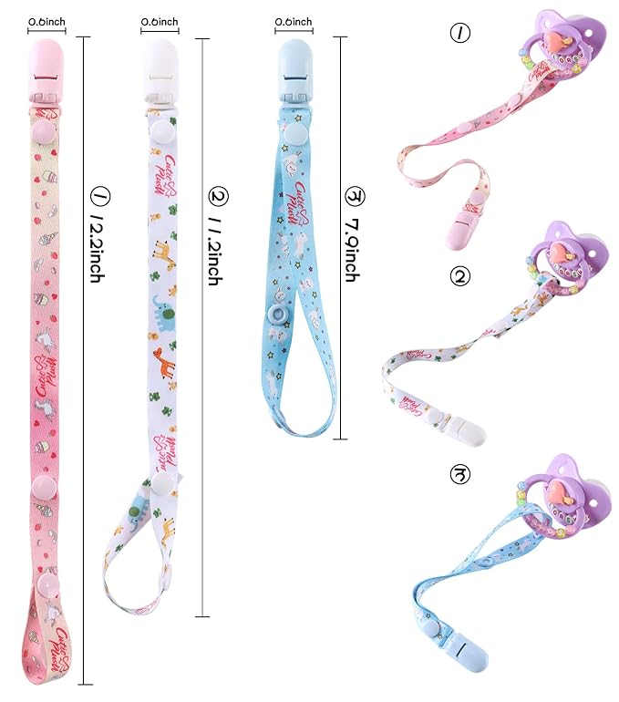 CutiePlusU Adult Size Pacifier Clips 3 Pack-Unicorns, Rainbow Cats and Giraffes
