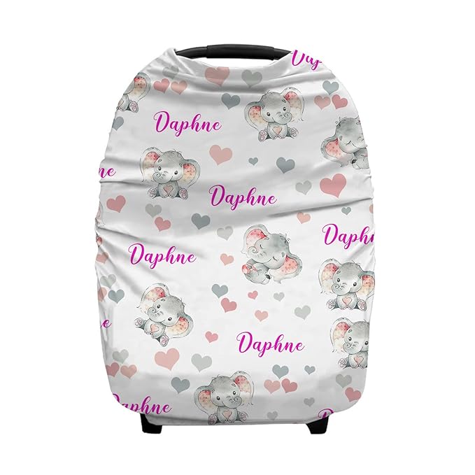 Personalized Cute Elephant Pink Baby Car Seat Covers with Name, Custom Nursing Cover Breastfeeding for Babies, Carseat Canopy for Girls, Infant Stroller Cover, Breathable Carseats Cover