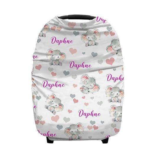 Personalized Cute Elephant Pink Baby Car Seat Covers with Name, Custom Nursing Cover Breastfeeding for Babies, Carseat Canopy for Girls, Infant Stroller Cover, Breathable Carseats Cover