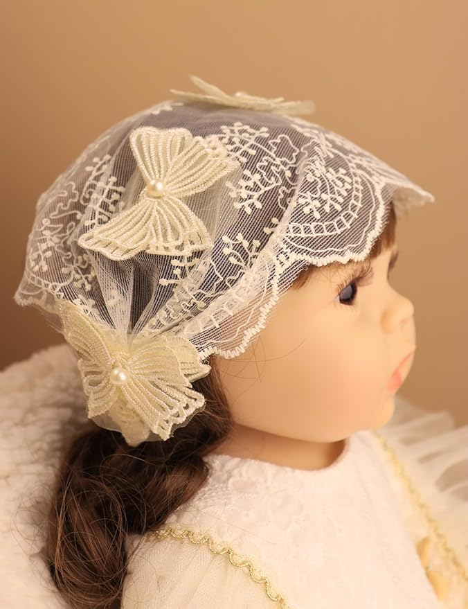 Baby Girls Headband Lacy Bow Pearl Wide Hair Band Turban for Infants Newborn Toddler Floral Ivory Elastic Head Wrap Breathable Sun Bonnet Hair Accessories (Ivory B)