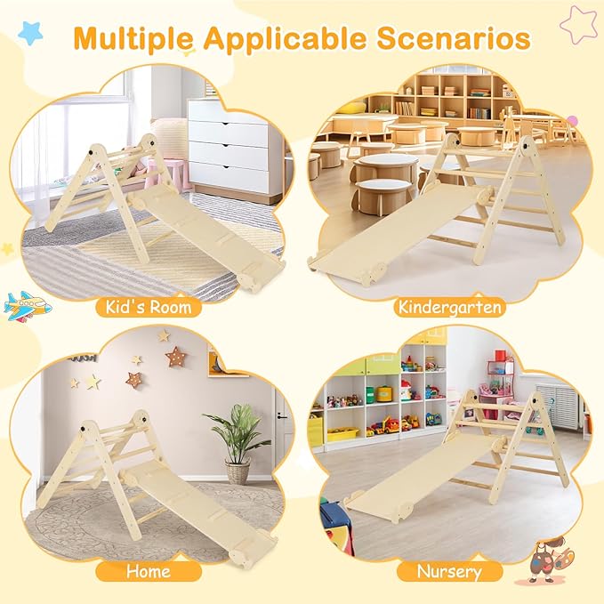 HONEY JOY Climbing Toys for Toddlers, 4 in 1 Foldable Wooden Montessori Kids Triangle Climber, Double Side Ramp & Climber, Baby Learning Indoor Climbing Ladder Gym for Boys Girls (Natural)