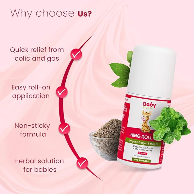 Baby Organo Hing Roll On for Gas, Colic & Indigestion Relief – Tummy Roll On for Babies & Newborns – Fast Acting Natural Ayurvedic Formula – 40ml / 1.35 fl oz