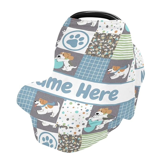 Personalized Cute Puppy Baby Car Seat Cover for Babies with Name, Custom Dog Patterns Baby Car Seats Canopy for Boys Girls, Nursing Breastfeeding Stroller Covers Infant Car Seat Blanket for Newborn