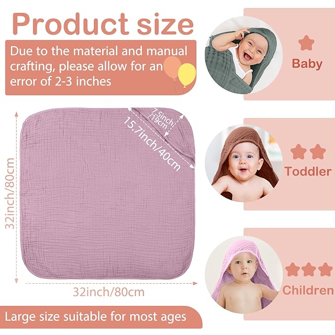 Peryiter 6 Pcs Muslin Hooded Baby Towels 32 x 32 Inch Cotton Newborn Bath Essentials Muslin Infant Blankets Absorbent Registry Gifts for Girl Boy Kids Baby Shower (Green and Pink Series)