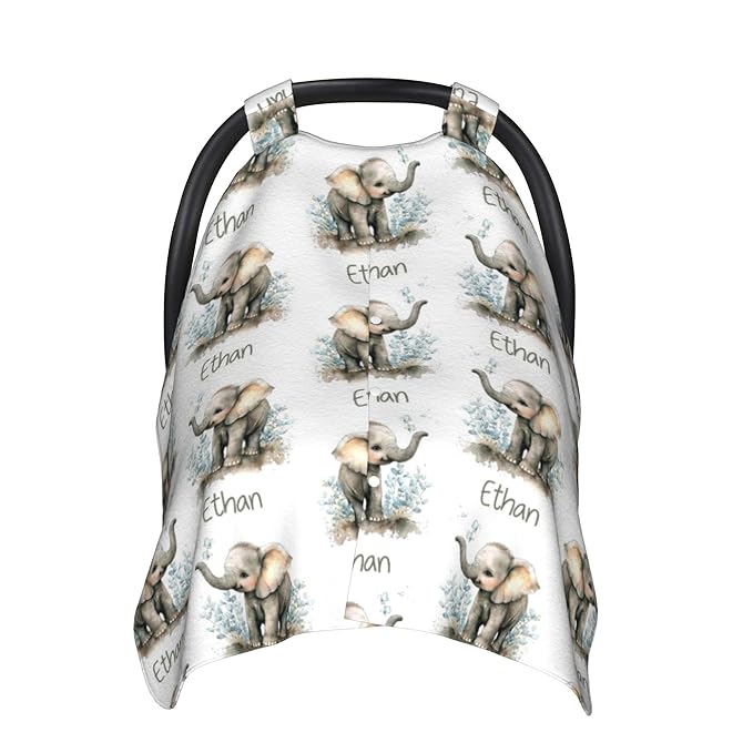 Personalized Winter Carseat Cover for Baby Custom Name Car Seat Canopy for Newborn Baby Boys Girls 2 in 1 Mom Nursing Breastfeeding Covers Elephant Minky Baby Carrier Stroller Covers