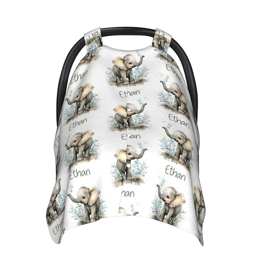 Personalized Winter Carseat Cover for Baby Custom Name Car Seat Canopy for Newborn Baby Boys Girls 2 in 1 Mom Nursing Breastfeeding Covers Elephant Minky Baby Carrier Stroller Covers