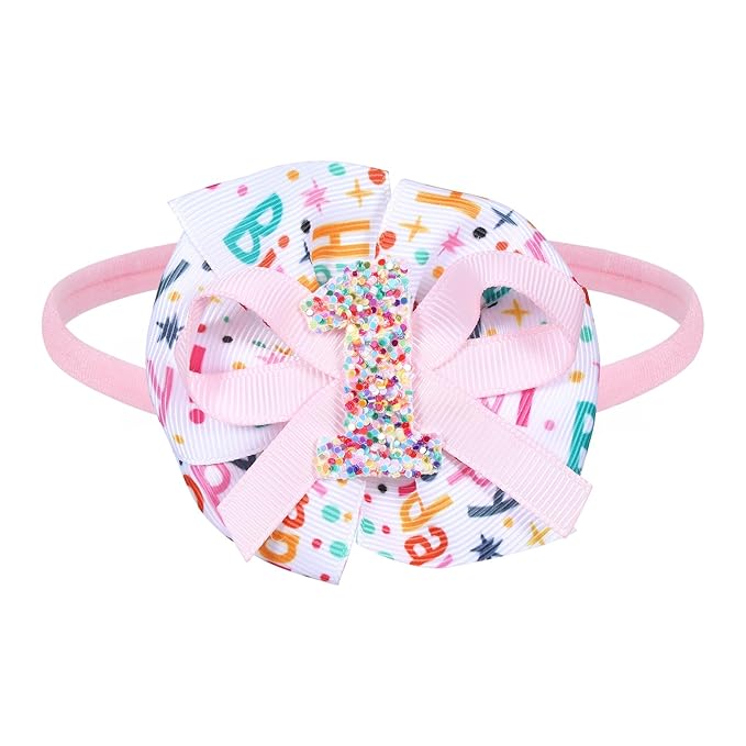 Pink Happy Birthday Hair Ribbon Bow Headband 1st First Birthday Sprinkle Confetti Ice Cream Party Dress Smash Cake Photo Decoration Accessories Gift