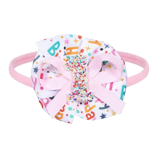 Pink Happy Birthday Hair Ribbon Bow Headband 1st First Birthday Sprinkle Confetti Ice Cream Party Dress Smash Cake Photo Decoration Accessories Gift