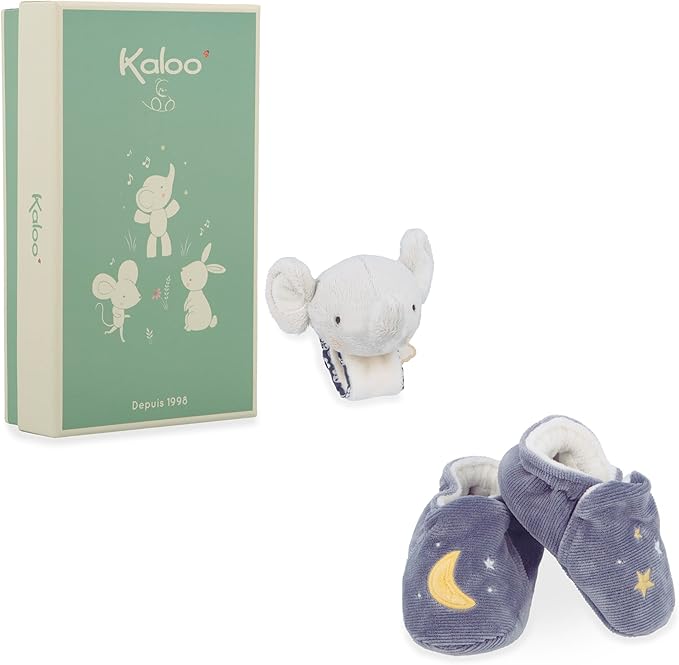 KALOO - Bracelet and Booties Elephant Set - Bracelet and Booties with Bell - Refined Gift for Birth - Promotes Development and Motor Skills - Personalised Gift Box - K210010