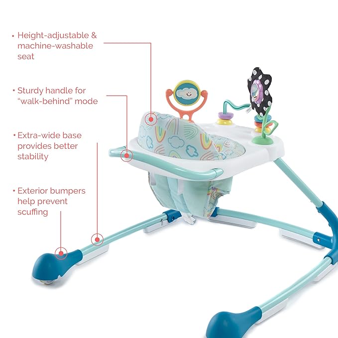 Kolcraft Tiny Steps Too 2-Stage Infant Baby Push Walker with Wheels, Seated or Walk Behind, Entertaining Developmental Learning Activities for Toddlers Boys & Girls Sturdy Frame - Clouds Rainbows