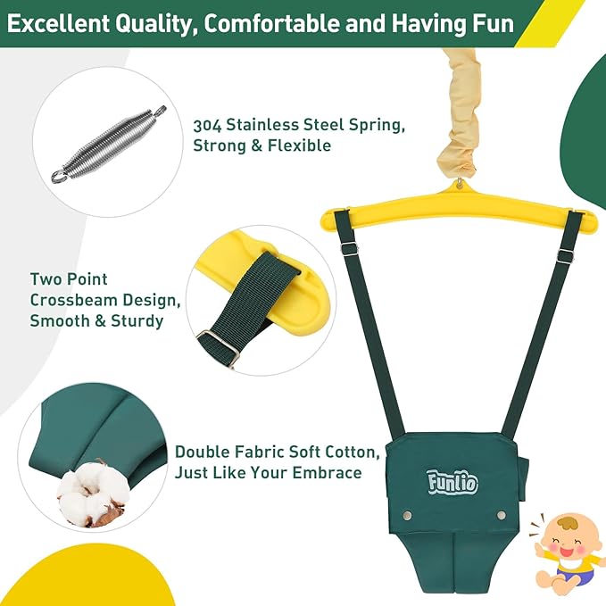 FUNLIO Baby Jumper with a Ceiling Hook for 6-24 Months, Baby Door Jumper for Indoor/Outdoor Play, Infant Jumper Doorway with Adjustable Chain, Easy to Assemble & Store (with a Ceiling Hook) - Green