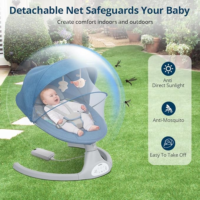 Bioby Baby Swing for Infants with 5 Natural Sway Speeds, Portable Bt Music Baby Swing with Remote Control & 5-Point Harness, Lightweight Baby Rocker for 5-20 Lb,0-12 Months Blue