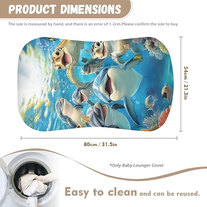 Dolphin Baby Lounger Cover for Boys, Sea Turtle Newborn Lounger Covers, Ocean Animals Removable Nest Slipcover, 31.5'' x 21.3''