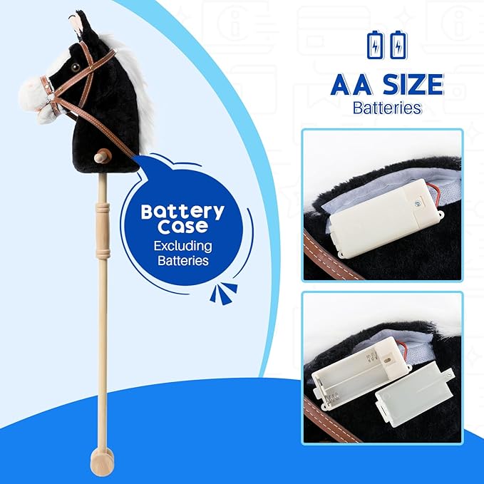 HollyHOME Stick Horse Plush Handcrafted Hobby Horse on a Stick with Wood Wheels Real Pony Neighing and Galloping Sounds for Kids Toddlers Black 36 Inches(AA Batteries Required)