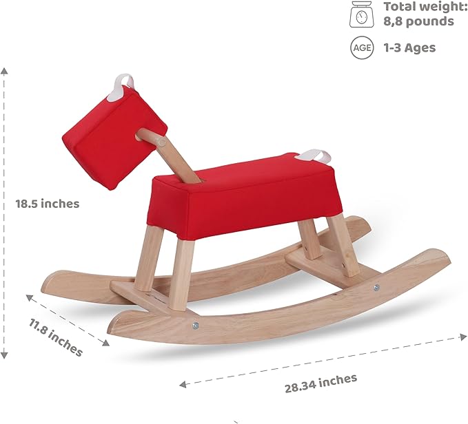 Red Wooden Rocking Horse Juni for Toddlers (Ages 1-3) - Soft Canvas Fabric, Gentle on Skin, Solid Rubber Wood, Sturdy Wood Rocking, Christmas Housewarming Gift for Kids