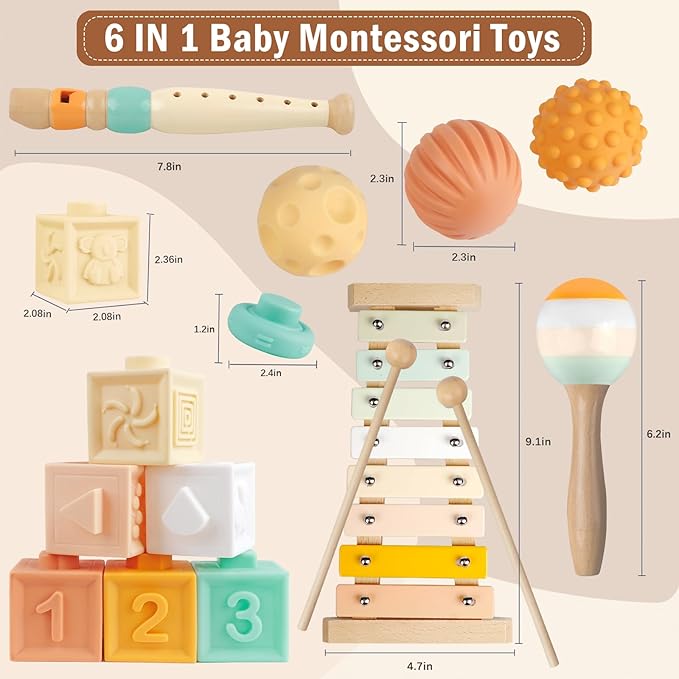 Meytccve Baby Toys Montessori Toys for Babies 1-3,Wooden Musical Instruments Toy Stacking Building Blocks,Infant Teething Toys Sensory Balls,Xylophone,Birthday Gift for Toddlers 1+ Year Old