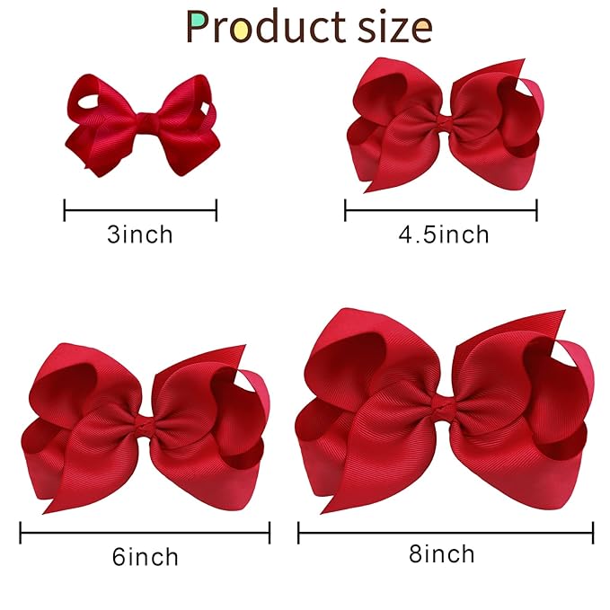 Oaoleer 8PCS Hair Bows for Girls Red Grosgrain Ribbon Boutique Bow Alligator Clips Hair Accessories for Toddlers Little Girls Kids (8inch, 6inch, 4.5inch, 3inch in Pair)