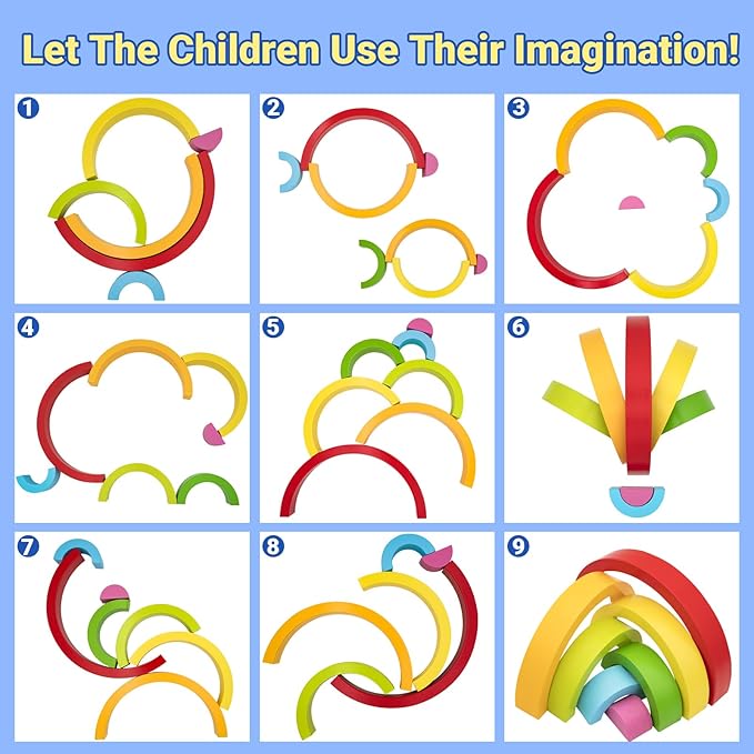 MEGRANATE Montessori Wooden Rainbow Stacking Toys for Baby Grimms Wood Building Blocks Nesting Puzzle Toy Colorful Stacker Arch Game Sensory Educational Learning Toys for 3+ Year Old Toddler