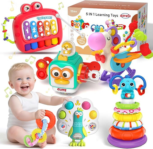 usrela 5 in 1 Baby Toys for 9 12 18 Month, Learning Toy for Babies 6-12 Months, Baby Busy Cube, Stacking&Sensory, Pull String&Piano Xylophone Toy, Birthday Gift for 7 8 9 Month