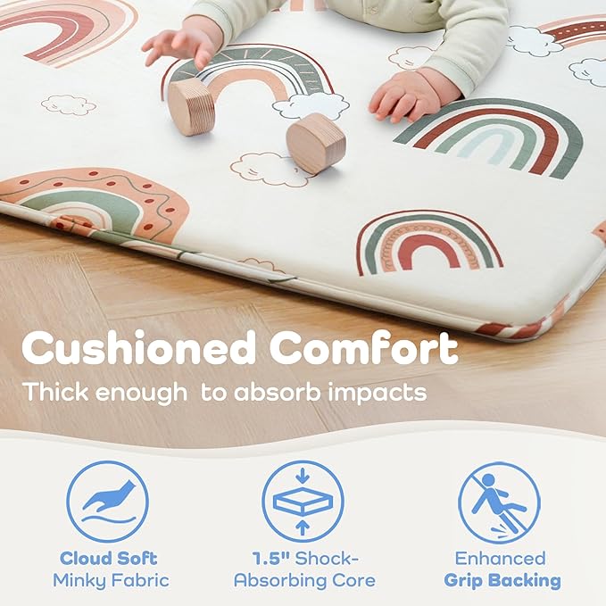 1.5" Thick Premium Baby Floor Play Mat, 71x59 Over-Sized Padded Memory Foam Mat, Tummy Time Crawling Playmat for Nursery Playroom Classroom, Rainbow