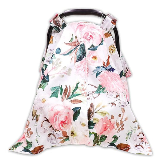 DILIMI Car Seat Covers for Babies, Peekaboo Opening Infant Car Seat Canopy for Baby Boys Girls, 2 in 1 Mom Nursing Breastfeeding Covers, Minky Warm Carseat Canopy for Newborn, Pink Flower