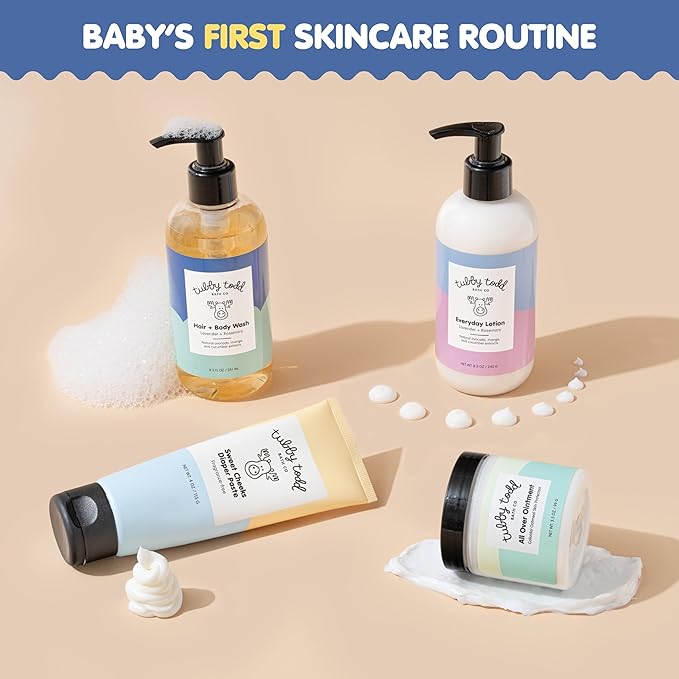 TUBBY TODD Baby Bath & Skincare Kit - The Baby Bundle - Shampoo and Body Wash, Everyday Lotion 8.5 Oz, All Over Ointment 3.5 Oz & Diaper Paste Cream 7.9 Oz Gift Set - Lavender Rosemary