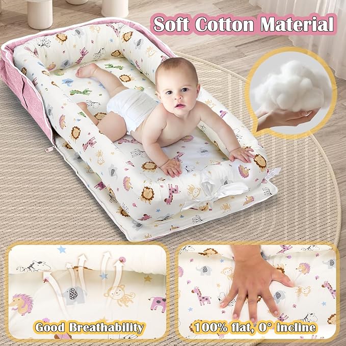 Baby Lounger for Newborn, Portable Infant Lounger for 0-24 Months Newborn, Home Travel Dual-Purpose Baby Nest (Animal World Pink)