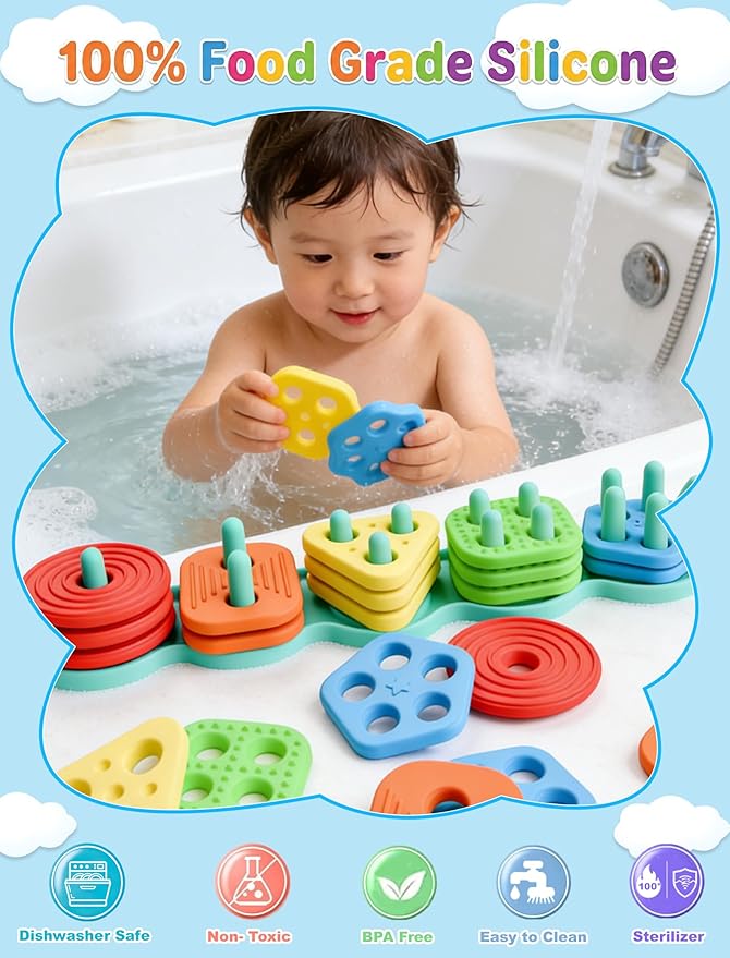 Montessori Learning Toddler Toys 1 2 3: Soft Silicone Shape Color Sorting Stacking Toy for 1-3 Year Old Boy Girl Gifts