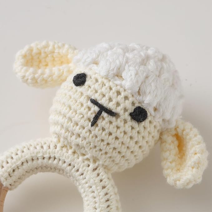 Wooden Baby Rattle, Crochet Lamb Rattle, Newborn Wooden Animal Rattle Toy, Infant Rattle Toys